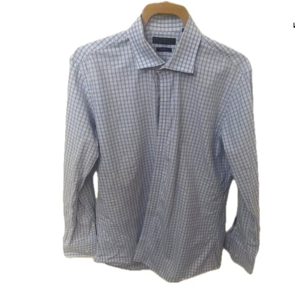 Men's Store Bloomingdales Button Down Shirt 34/35 16.5 Blue Checked Slim Fit - Picture 2 of 5